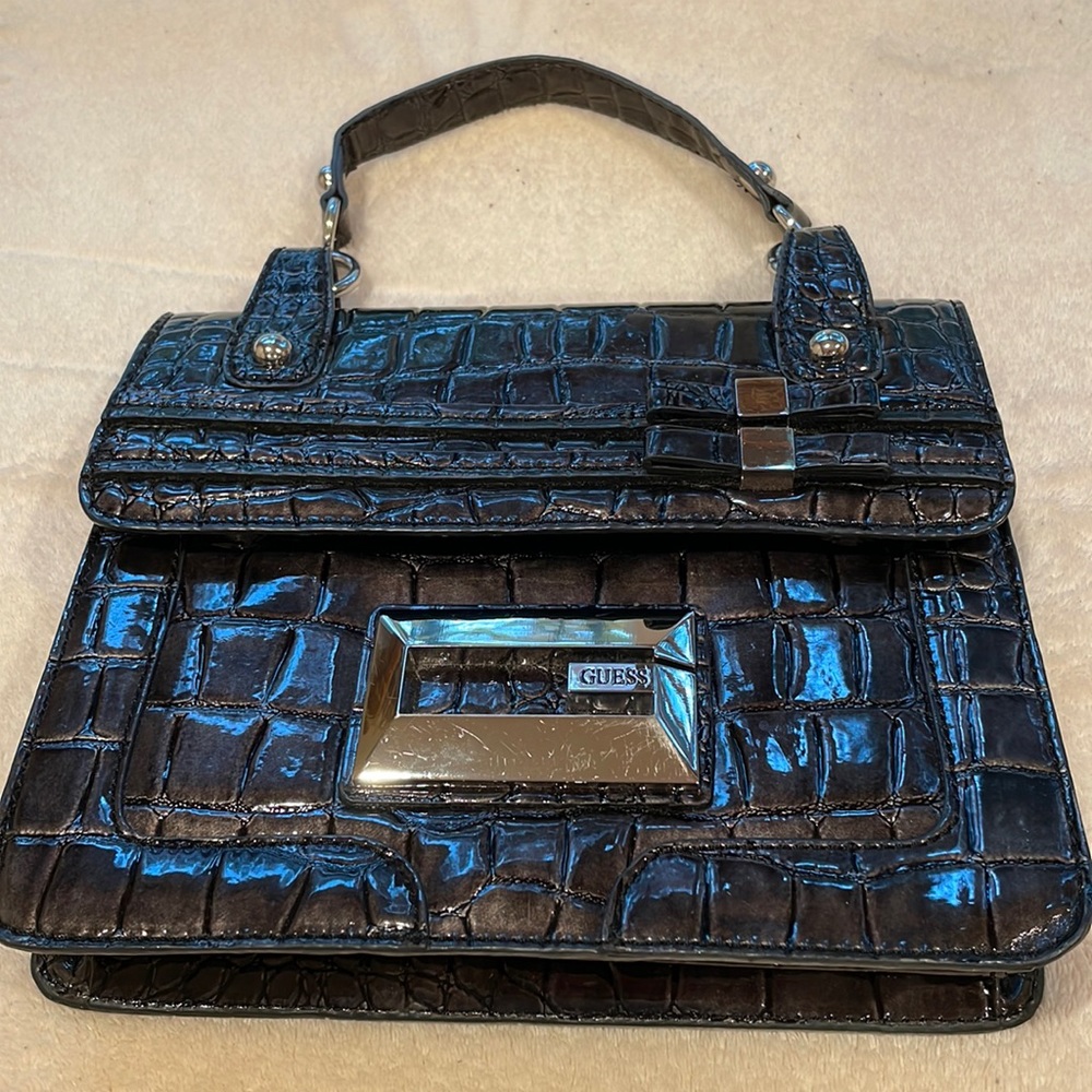 Guess Charcoal Grey Faux Crocodile Handbag w/ Magnetic Closure